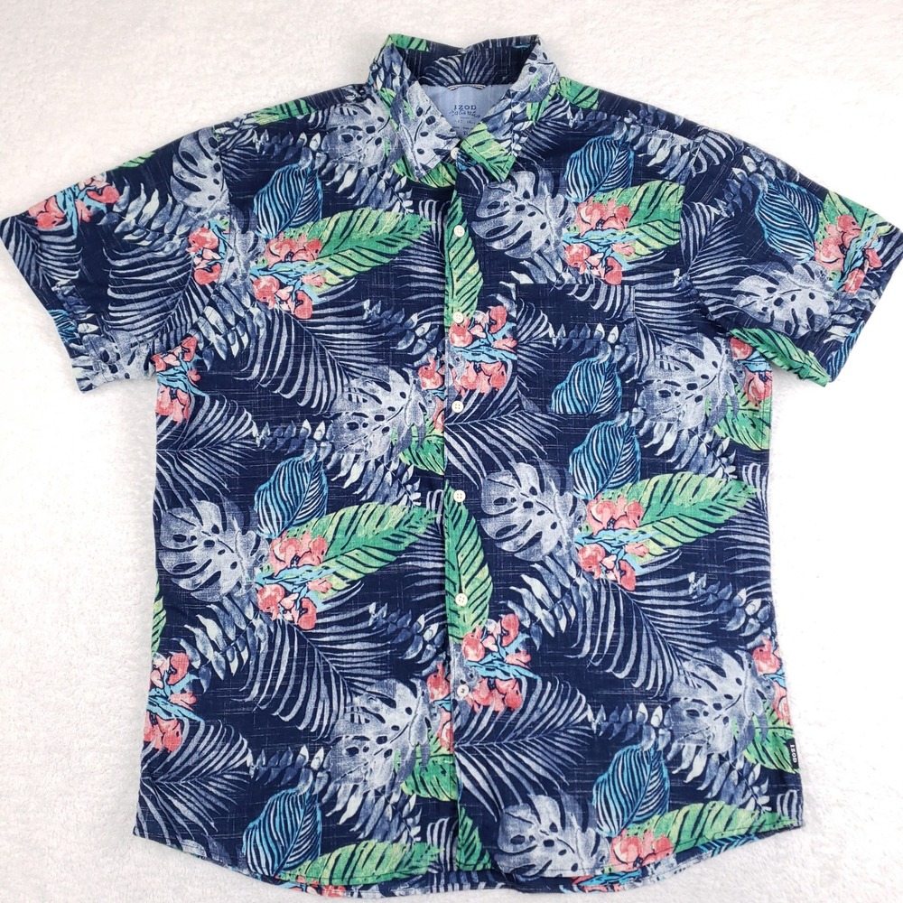 IZOD Saltwater Mens XL Navy Blue Tropical Floral Cotton Short Sleeve Shirt